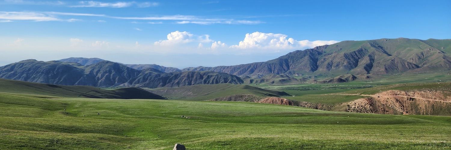Rolling green hills and snow-capped peaks of the Naryn Interior