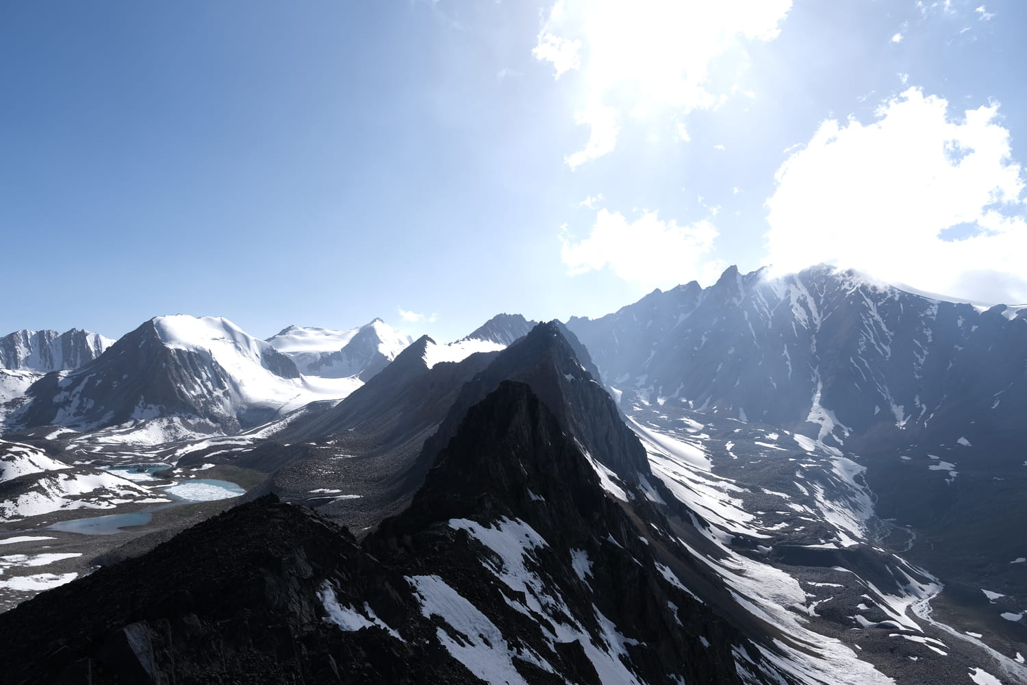 The views of the Alay Mountains seen from Sary-Mogul Pass.