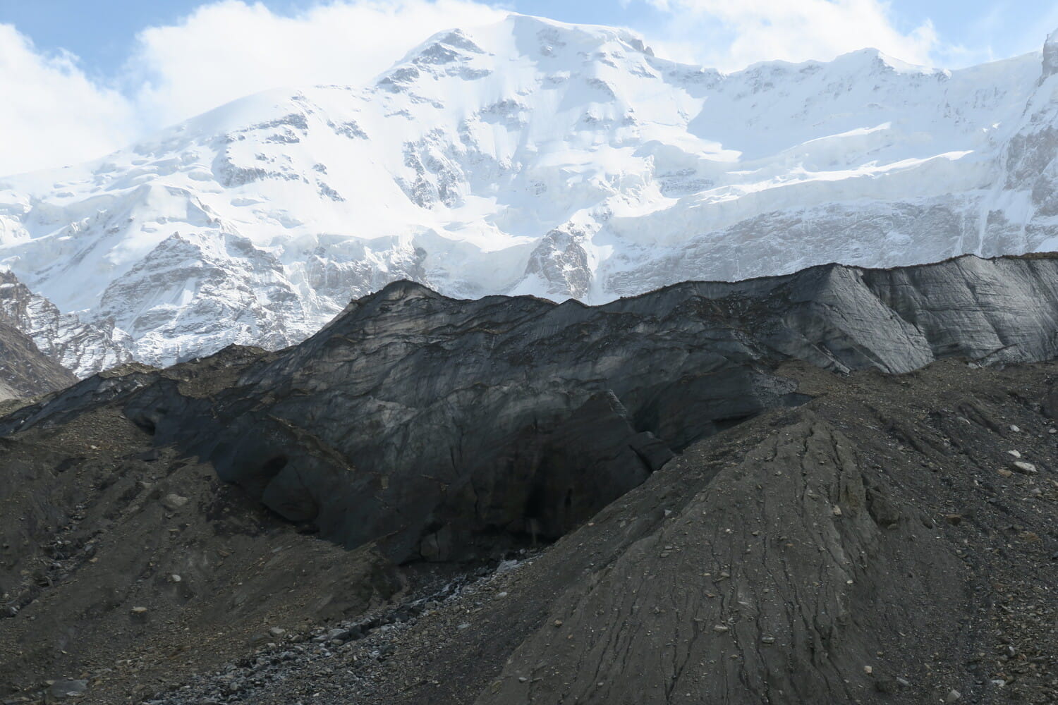 Looking up to a moraine covered glacial wall