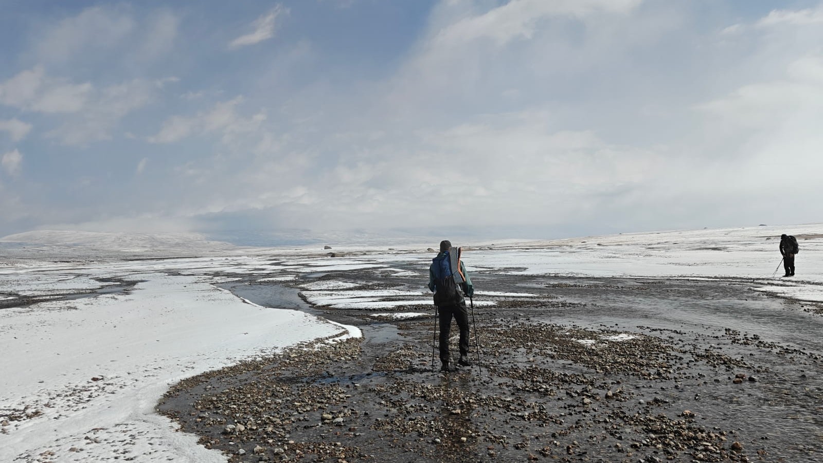Trekkers crossing a stream